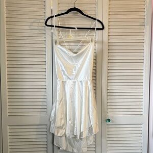 White Satin Cowl-Neck Mini Dress with Adjustable Spaghetti Straps